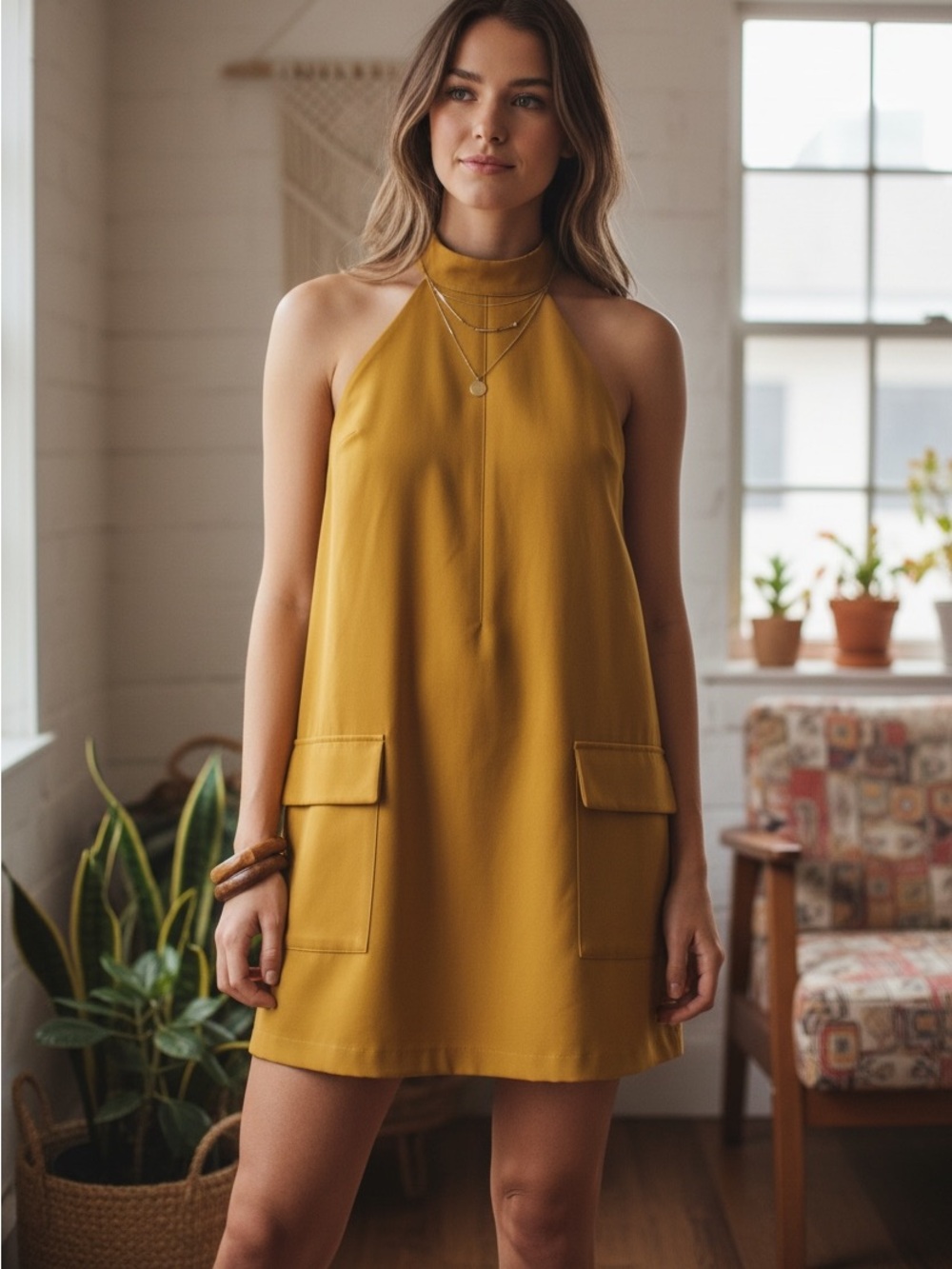Mae Anthropologie Mustard Yellow Halter Shift Dress Petite Medium Boho Mini
